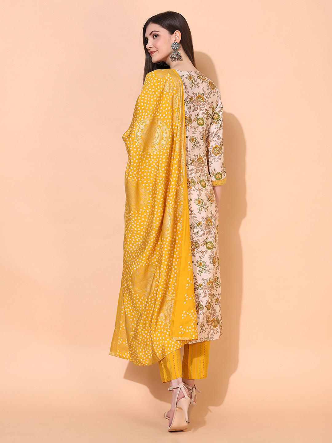 Floral Printed & Embroidered A-Line Kurta with Pants & Dupatta - Cream - Indiakreations