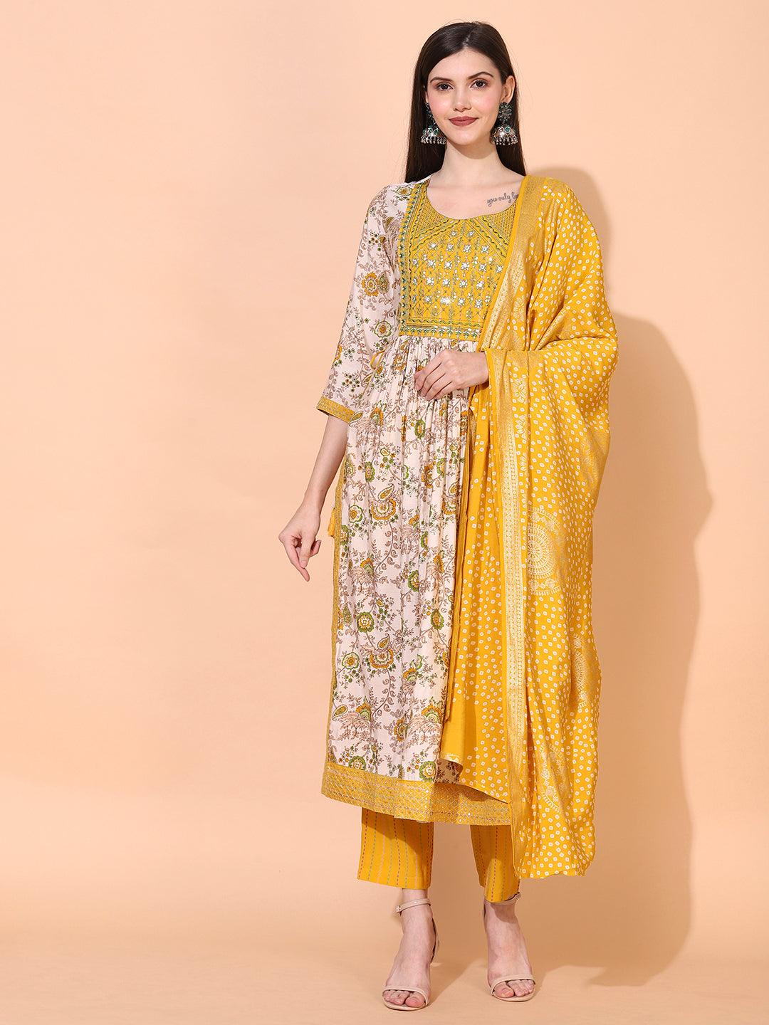 Floral Printed & Embroidered A-Line Kurta with Pants & Dupatta - Cream - Indiakreations