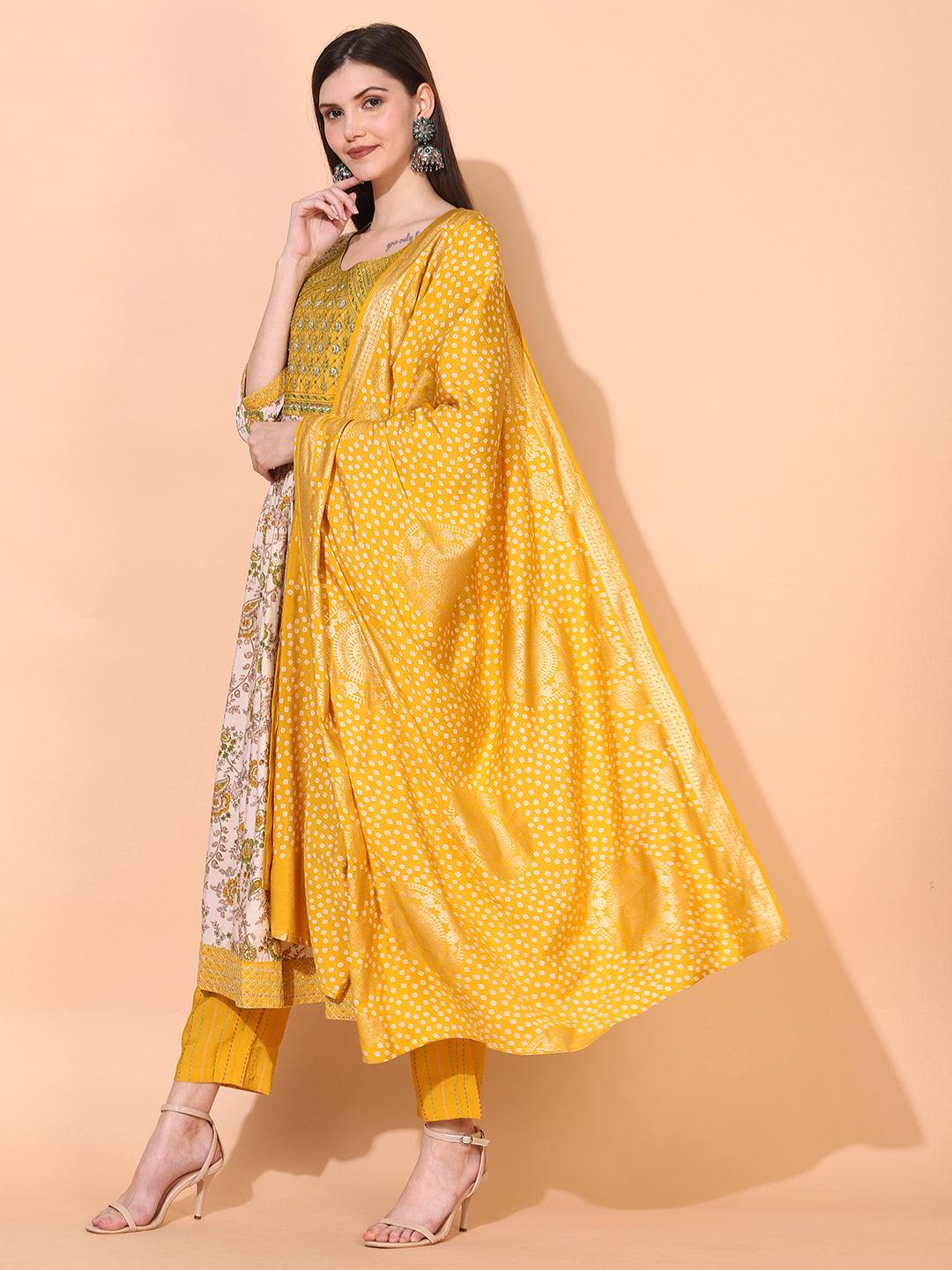 Floral Printed & Embroidered A-Line Kurta with Pants & Dupatta - Cream - Indiakreations