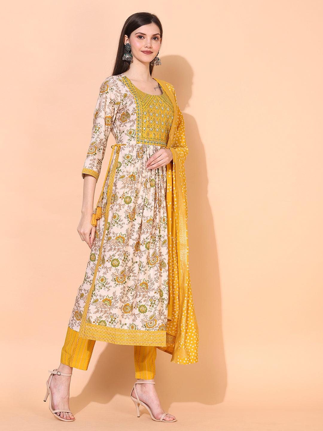 Floral Printed & Embroidered A-Line Kurta with Pants & Dupatta - Cream - Indiakreations