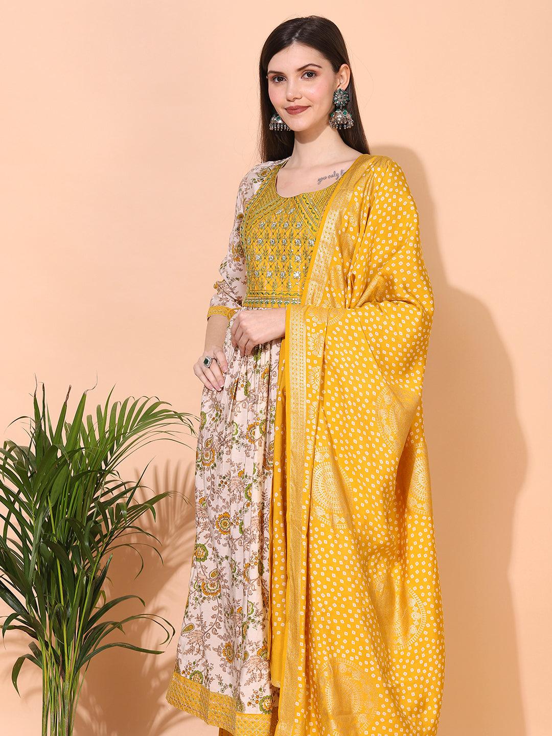 Floral Printed & Embroidered A-Line Kurta with Pants & Dupatta - Cream - Indiakreations