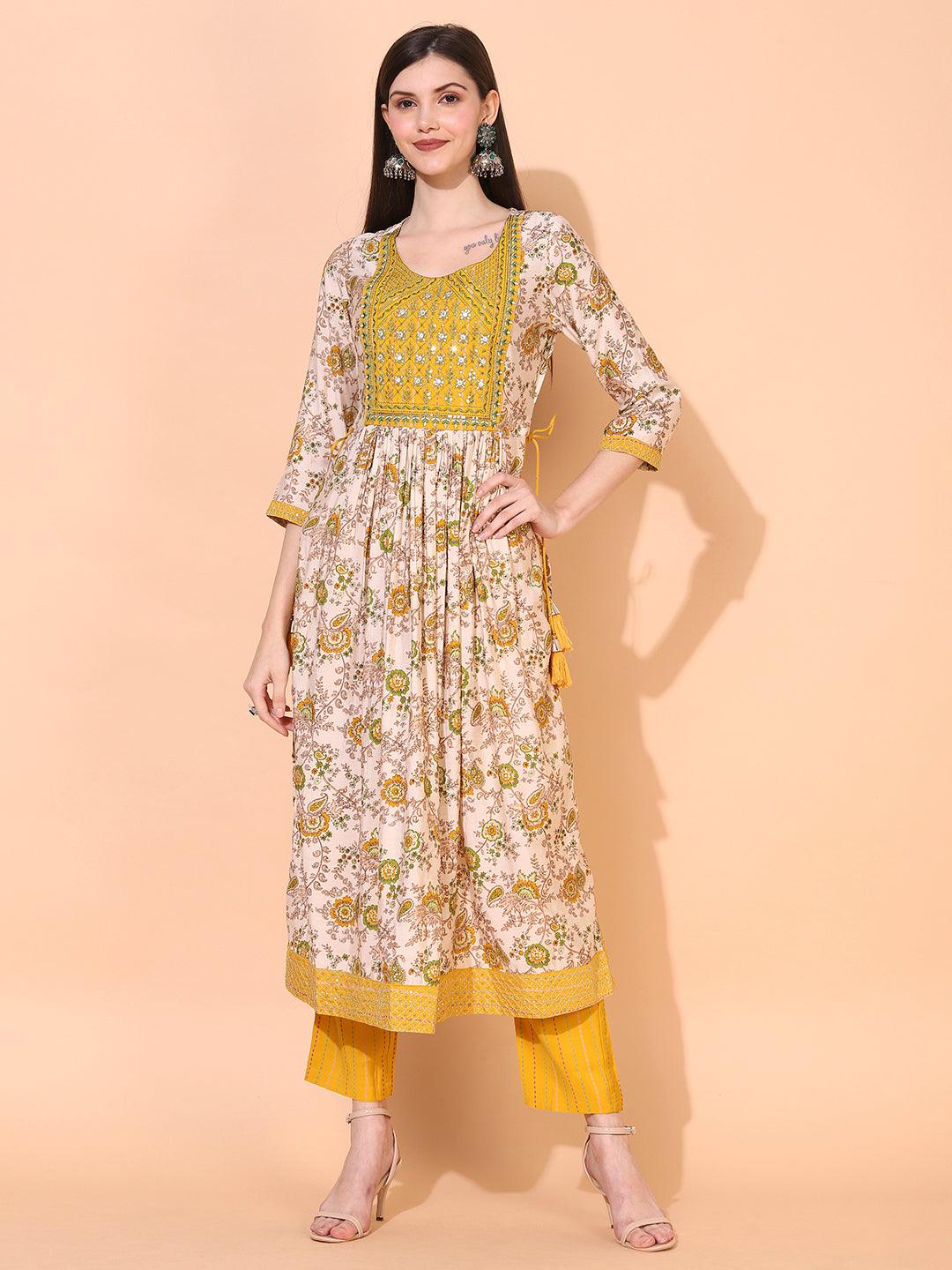 Floral Printed & Embroidered A-Line Kurta with Pants & Dupatta - Cream - Indiakreations