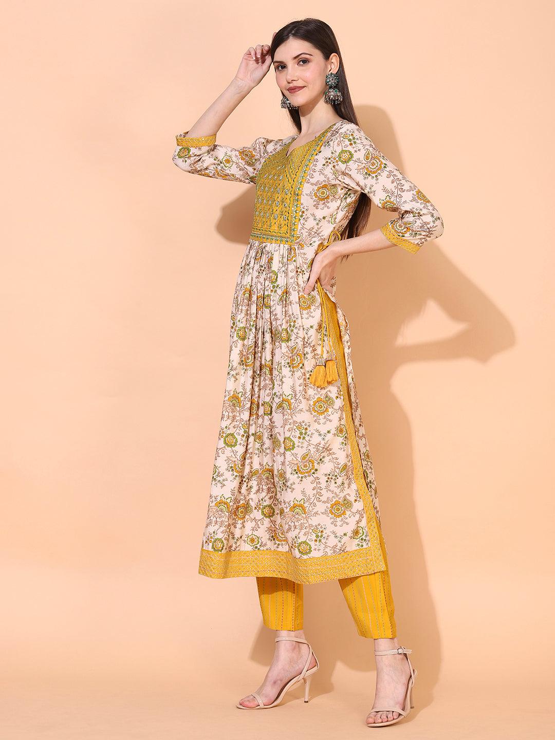 Floral Printed & Embroidered A-Line Kurta with Pants & Dupatta - Cream - Indiakreations