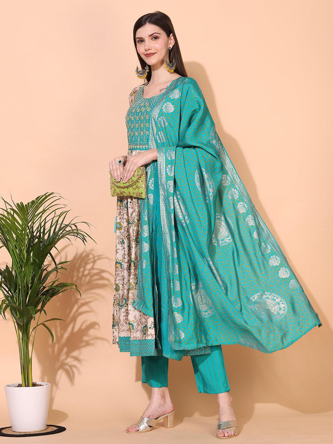 Floral Printed & Embroidered A-Line Kurta with Pants & Dupatta - Cream - Indiakreations