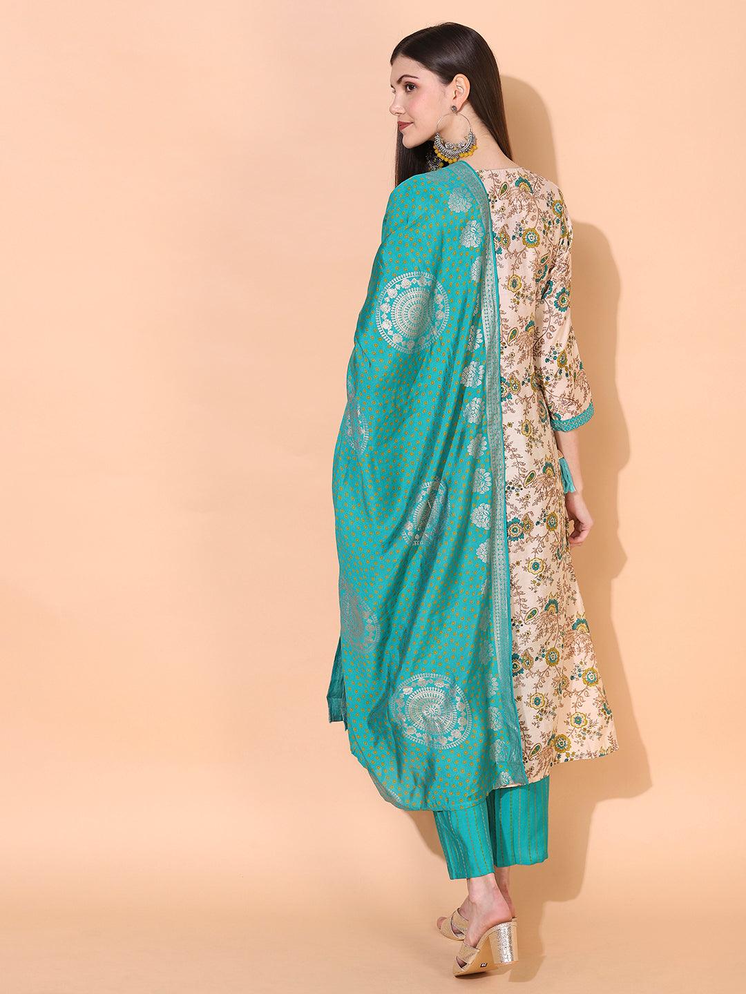 Floral Printed & Embroidered A-Line Kurta with Pants & Dupatta - Cream - Indiakreations