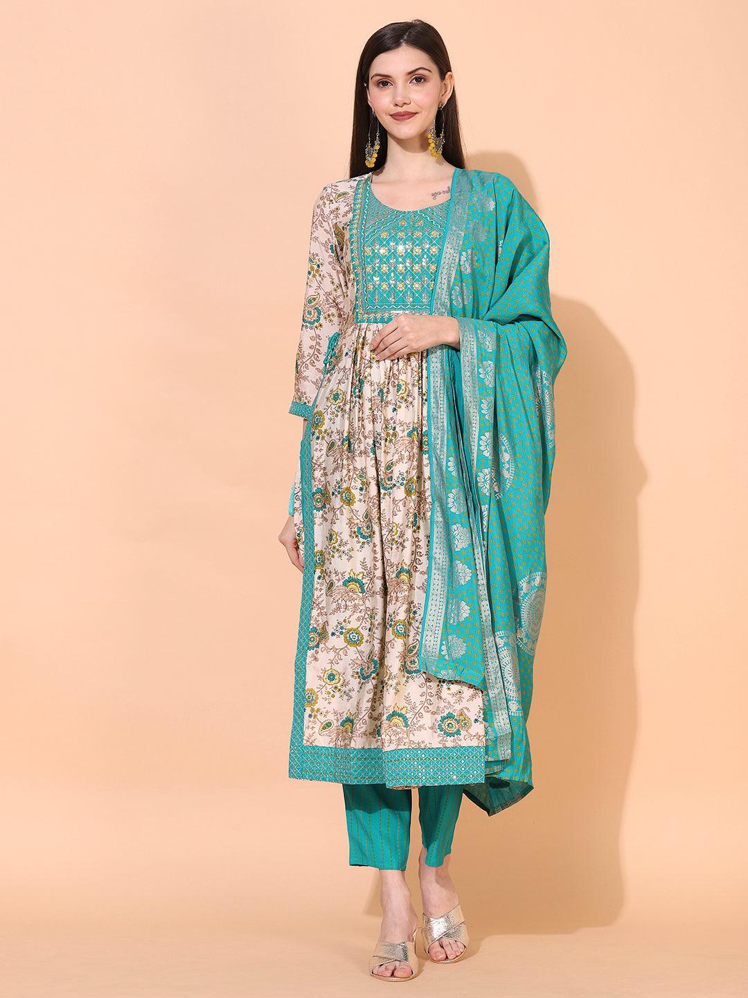 Floral Printed & Embroidered A-Line Kurta with Pants & Dupatta - Cream - Indiakreations