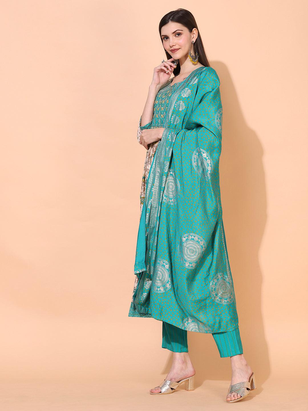 Floral Printed & Embroidered A-Line Kurta with Pants & Dupatta - Cream - Indiakreations