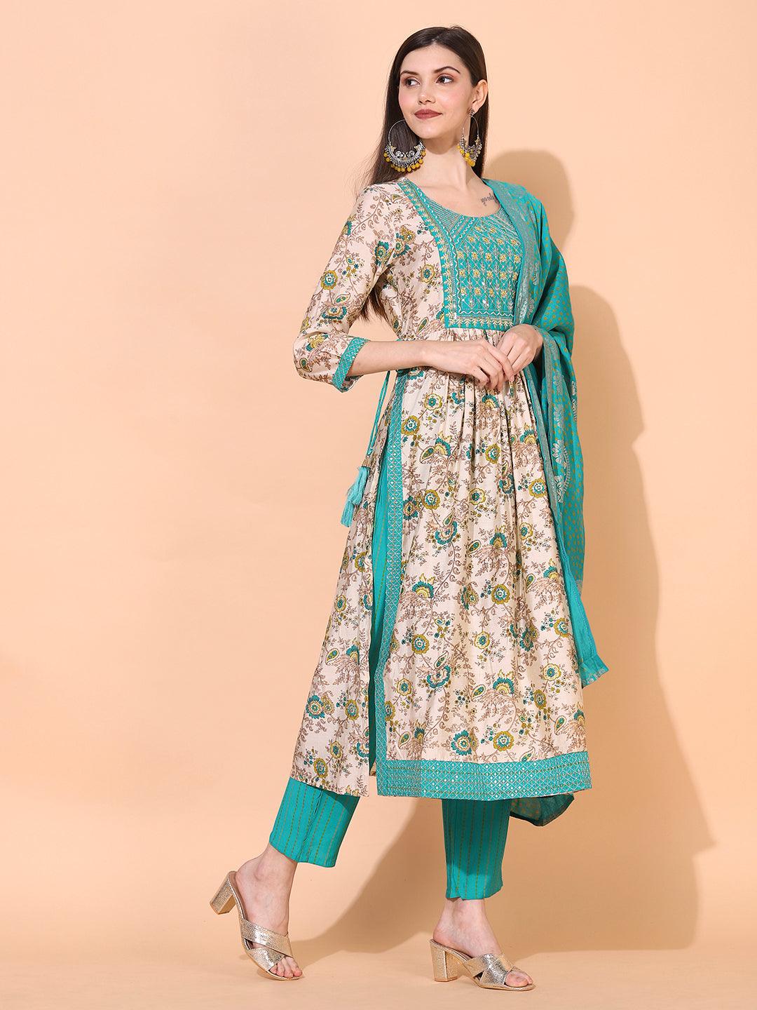 Floral Printed & Embroidered A-Line Kurta with Pants & Dupatta - Cream - Indiakreations