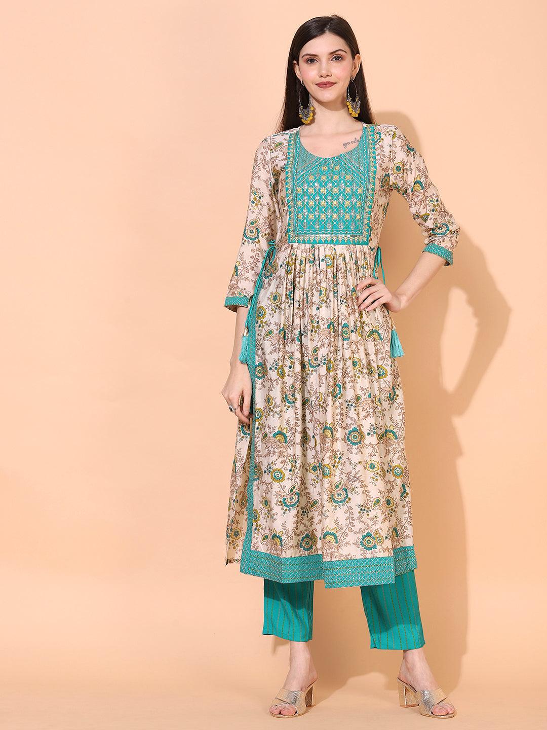 Floral Printed & Embroidered A-Line Kurta with Pants & Dupatta - Cream - Indiakreations