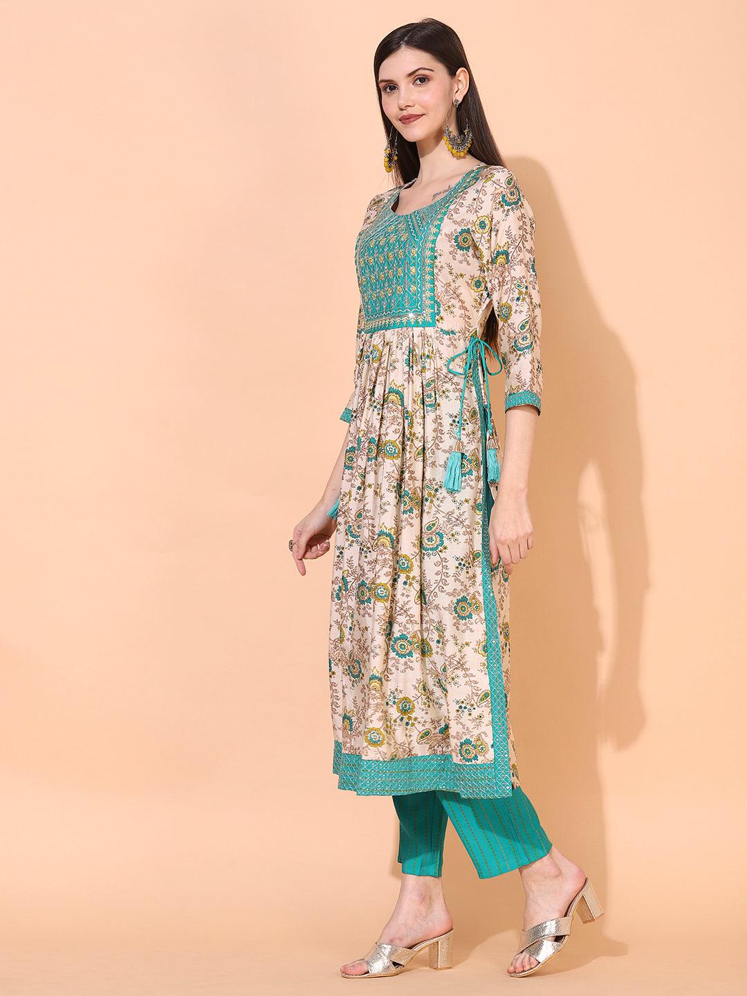 Floral Printed & Embroidered A-Line Kurta with Pants & Dupatta - Cream - Indiakreations