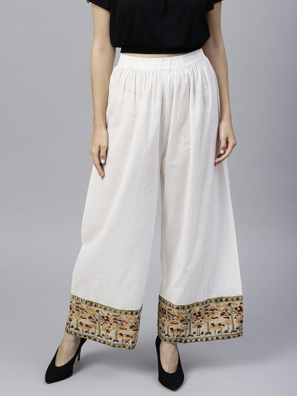 White ankle length cotton regular fit palazzo with border printed | NOZ2TOZ - Made In INDIA.