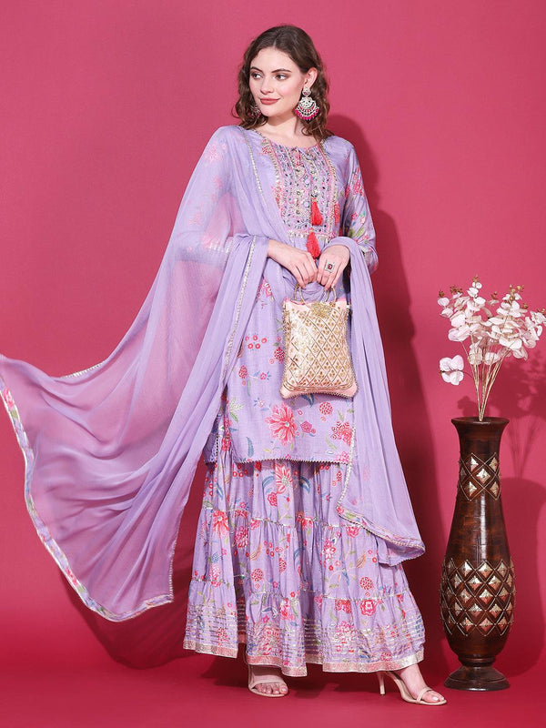 Floral Printed & Hand Embroidered Kurta with Sharara & Dupatta - Light Purple - Indiakreations