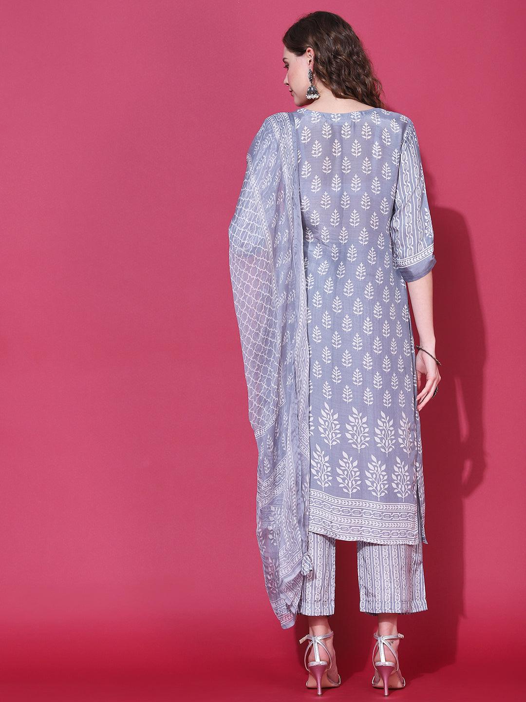 Ethnic Printed & Embroidered Straight Fit Kurta with Pant & Dupatta - Steel - Indiakreations