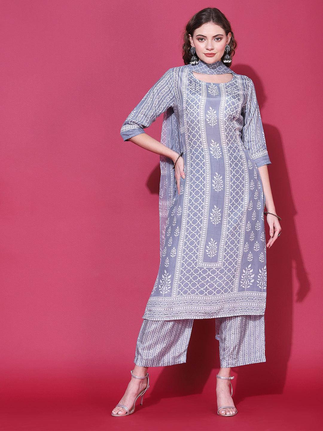 Ethnic Printed & Embroidered Straight Fit Kurta with Pant & Dupatta - Steel - Indiakreations