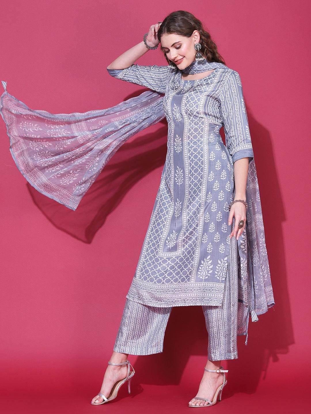 Ethnic Printed & Embroidered Straight Fit Kurta with Pant & Dupatta - Steel - Indiakreations