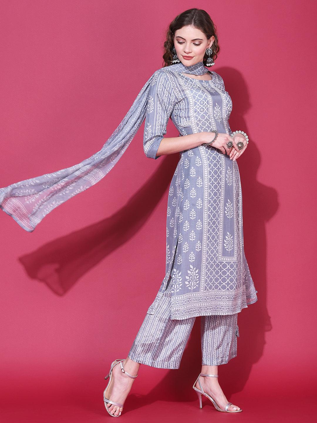 Ethnic Printed & Embroidered Straight Fit Kurta with Pant & Dupatta - Steel - Indiakreations