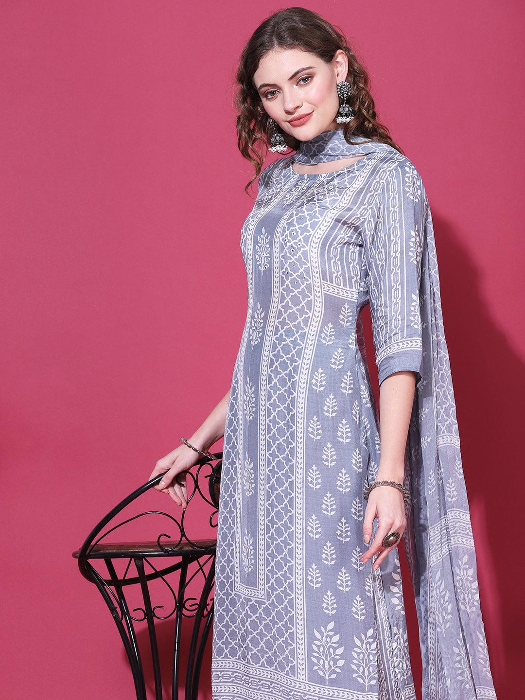 Ethnic Printed & Embroidered Straight Fit Kurta with Pant & Dupatta - Steel - Indiakreations