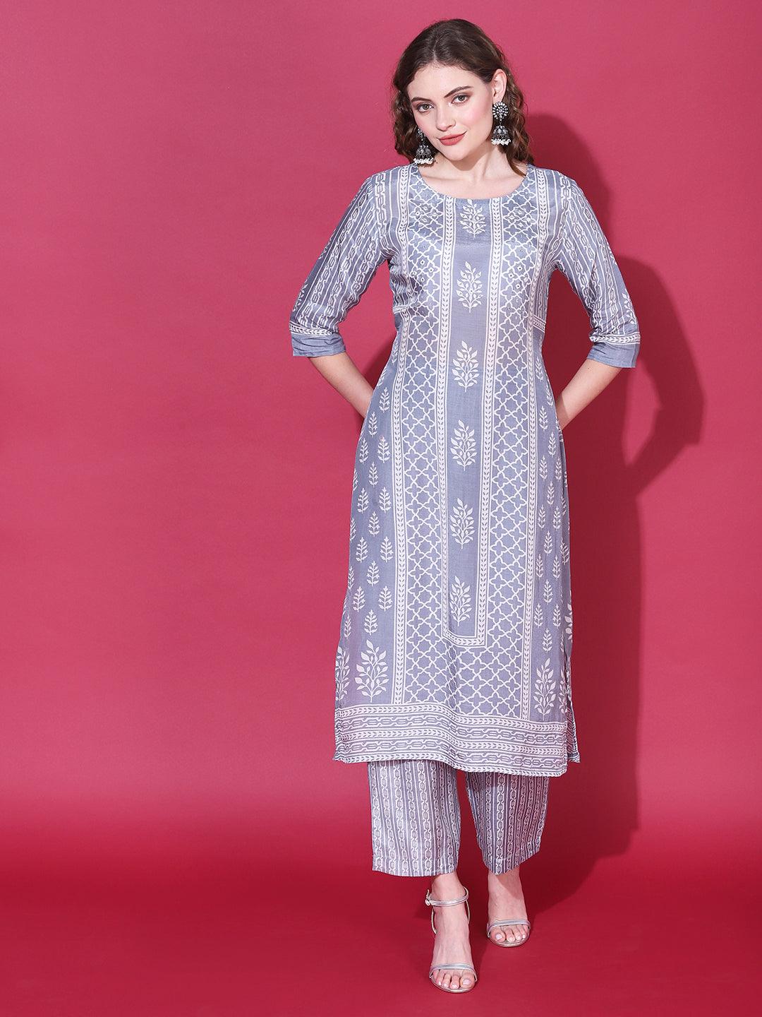 Ethnic Printed & Embroidered Straight Fit Kurta with Pant & Dupatta - Steel - Indiakreations