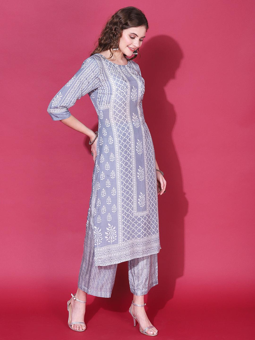 Ethnic Printed & Embroidered Straight Fit Kurta with Pant & Dupatta - Steel - Indiakreations