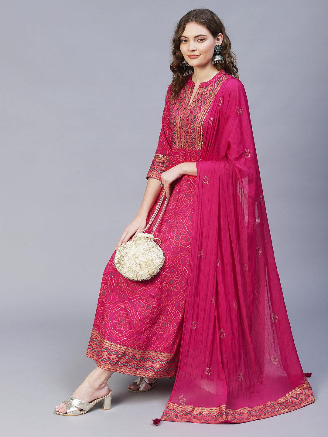 Bandhani Printed & Embroidered Anarkali Maxi Dress with Dupatta - Rani Pink - Indiakreations