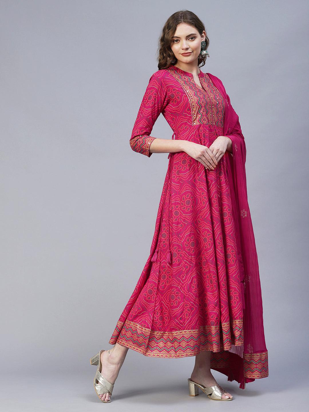 Bandhani Printed & Embroidered Anarkali Maxi Dress with Dupatta - Rani Pink - Indiakreations