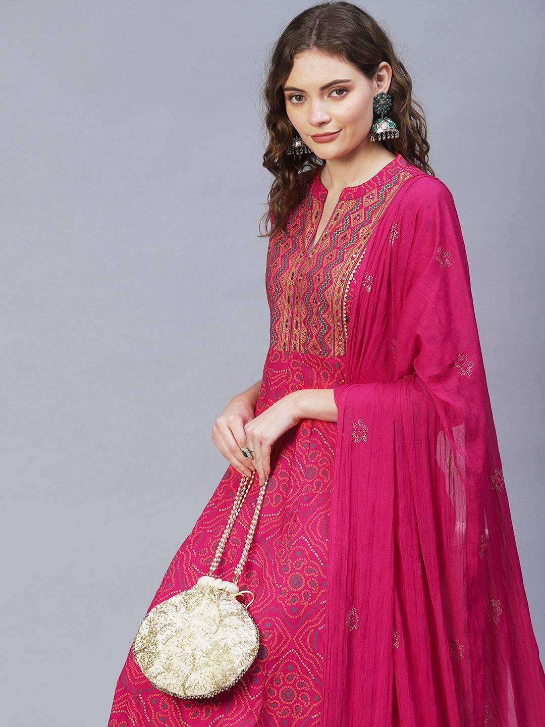 Bandhani Printed & Embroidered Anarkali Maxi Dress with Dupatta - Rani Pink - Indiakreations