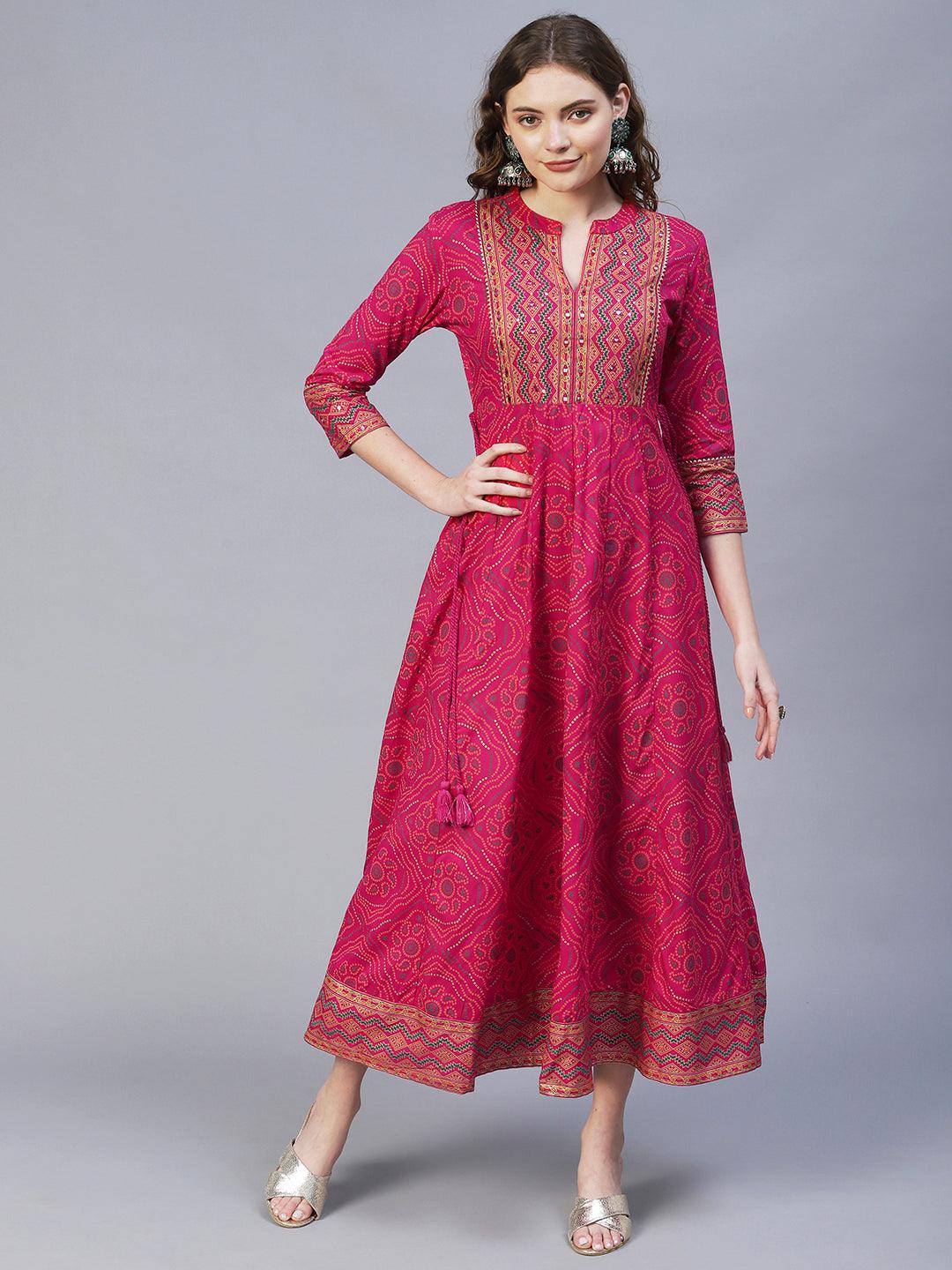 Bandhani Printed & Embroidered Anarkali Maxi Dress with Dupatta - Rani Pink - Indiakreations