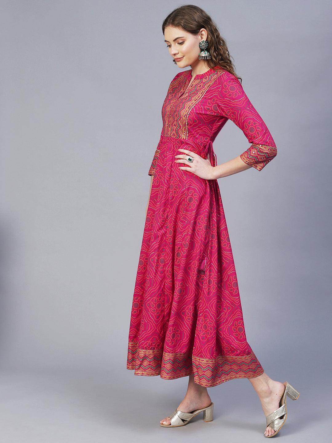 Bandhani Printed & Embroidered Anarkali Maxi Dress with Dupatta - Rani Pink - Indiakreations