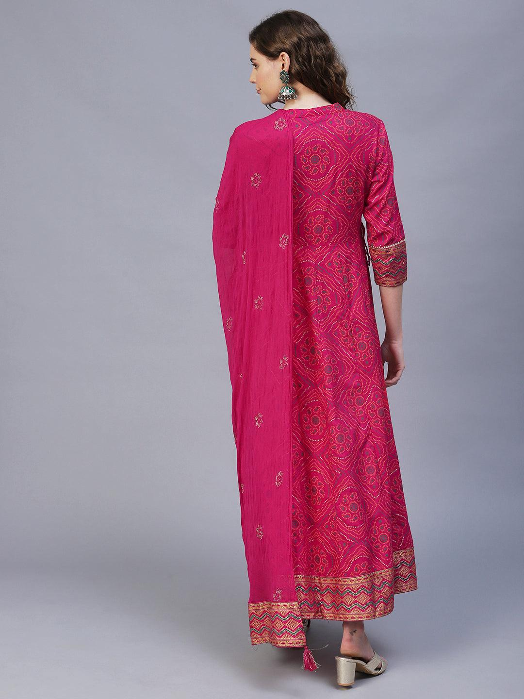 Bandhani Printed & Embroidered Anarkali Maxi Dress with Dupatta - Rani Pink - Indiakreations