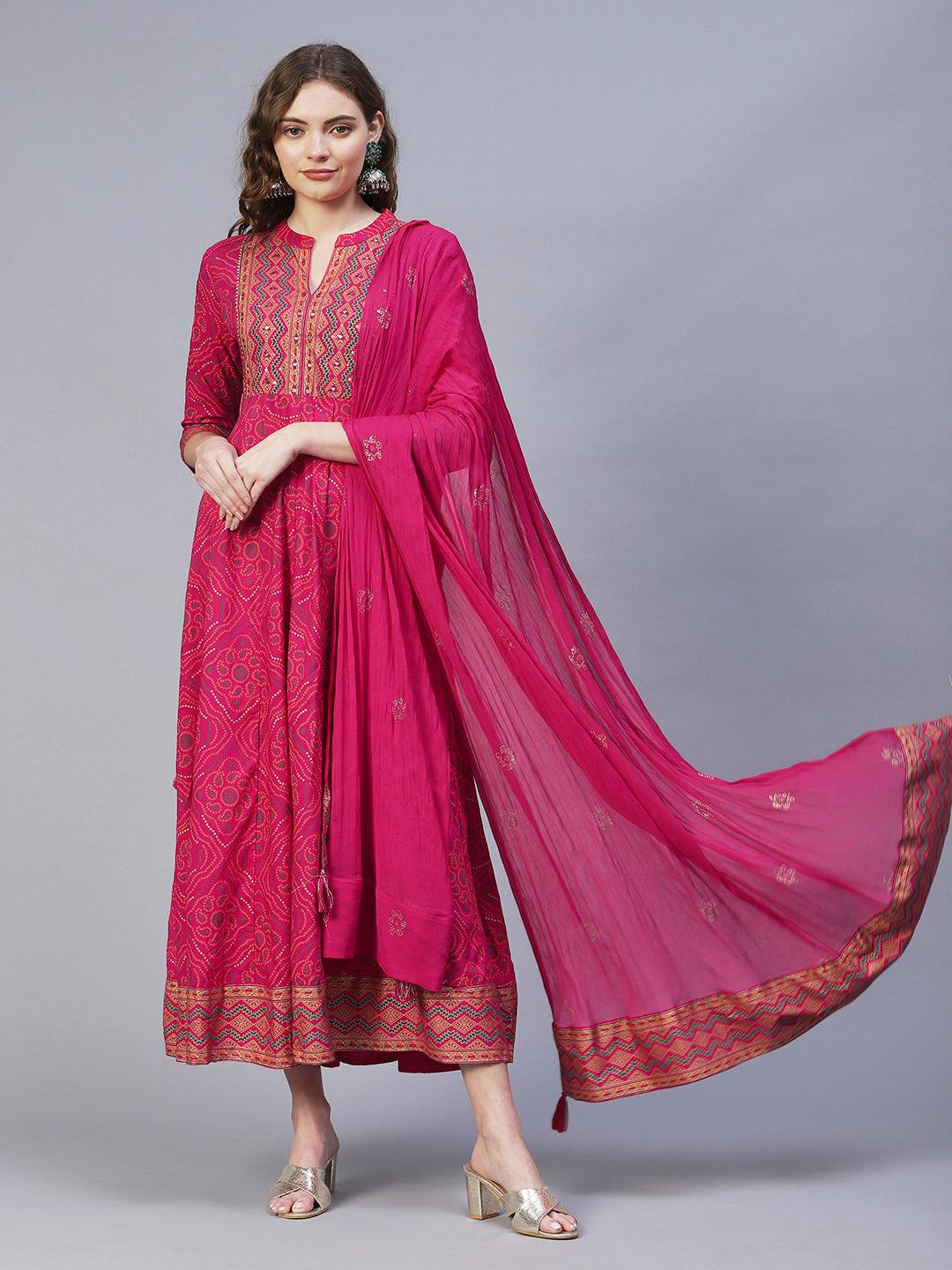 Bandhani Printed & Embroidered Anarkali Maxi Dress with Dupatta - Rani Pink - Indiakreations