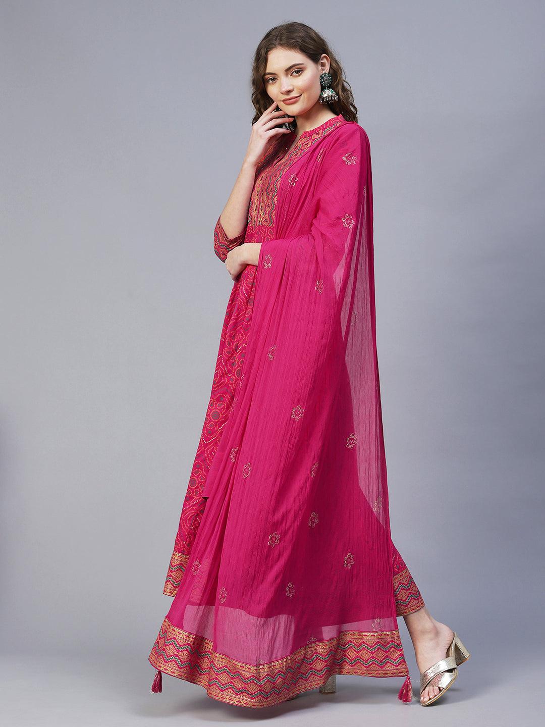 Bandhani Printed & Embroidered Anarkali Maxi Dress with Dupatta - Rani Pink - Indiakreations