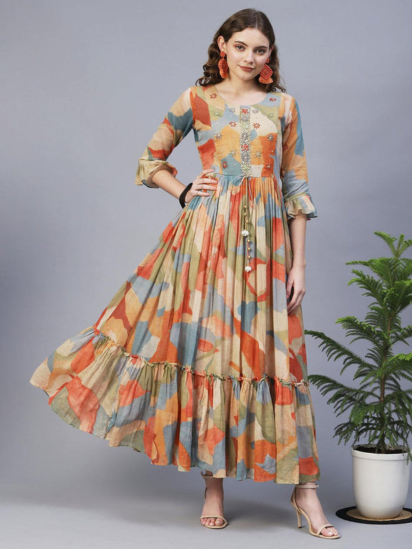 Abstract Printed & Hand Embroidered Flared Maxi Dress - Multi - Indiakreations