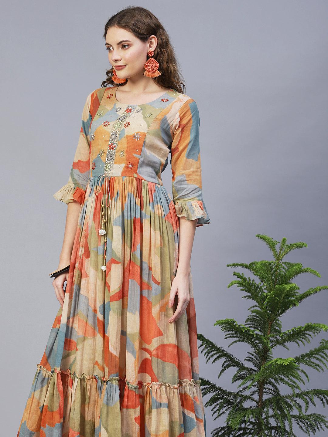 Abstract Printed & Hand Embroidered Flared Maxi Dress - Multi - Indiakreations