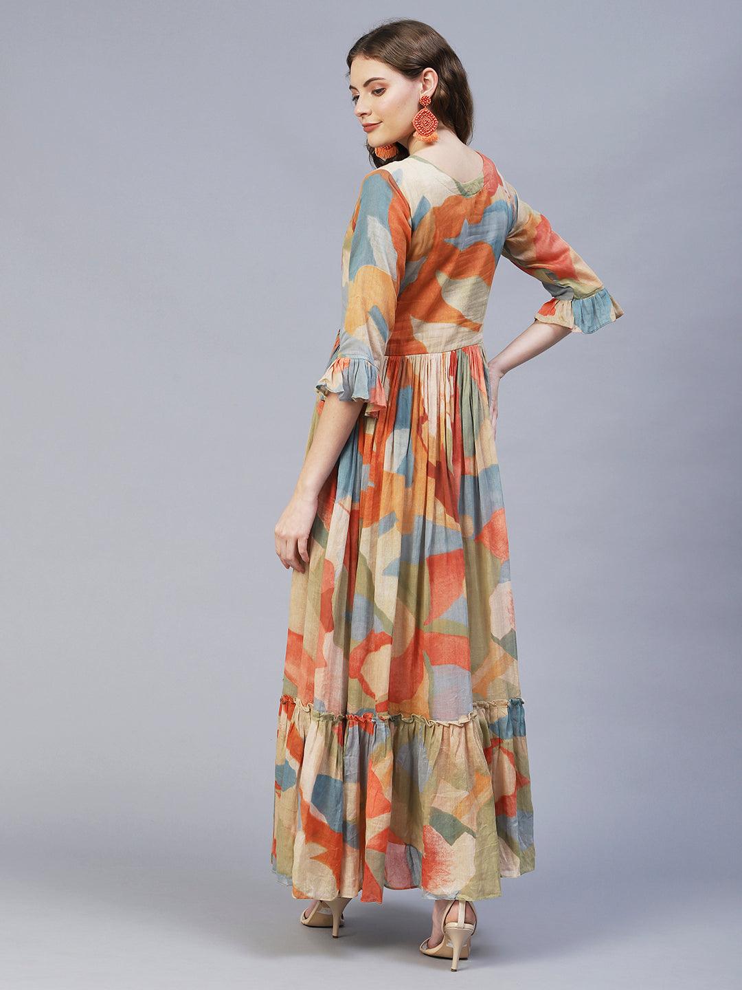 Abstract Printed & Hand Embroidered Flared Maxi Dress - Multi - Indiakreations