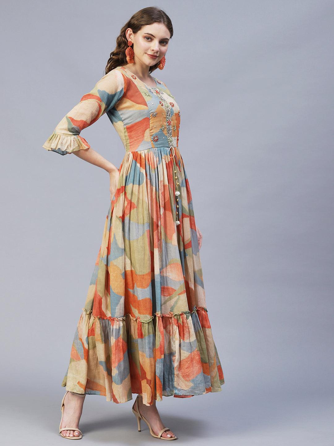 Abstract Printed & Hand Embroidered Flared Maxi Dress - Multi - Indiakreations