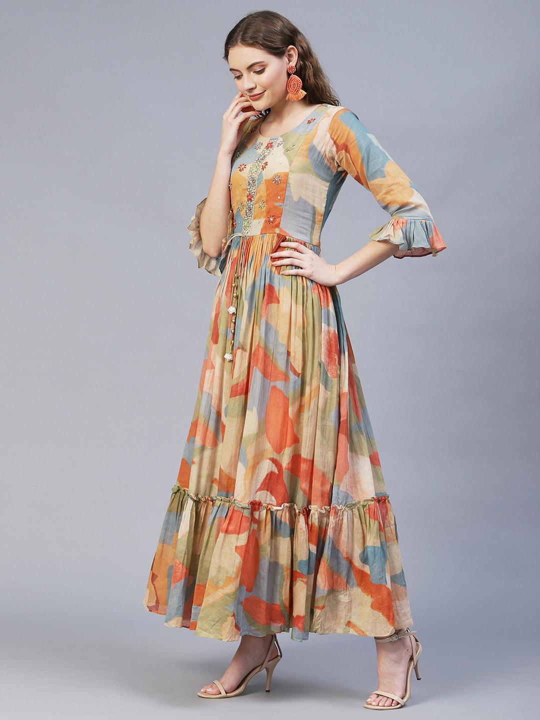 Abstract Printed & Hand Embroidered Flared Maxi Dress - Multi - Indiakreations