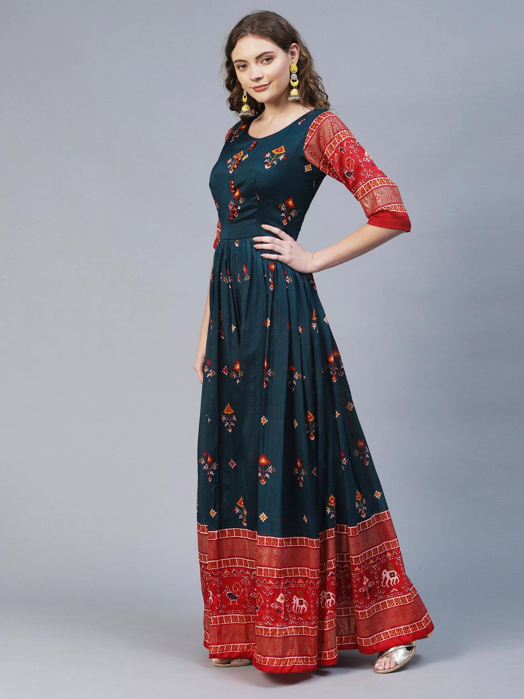 Ikat Printed Flared Maxi Dress - Teal Blue - Indiakreations