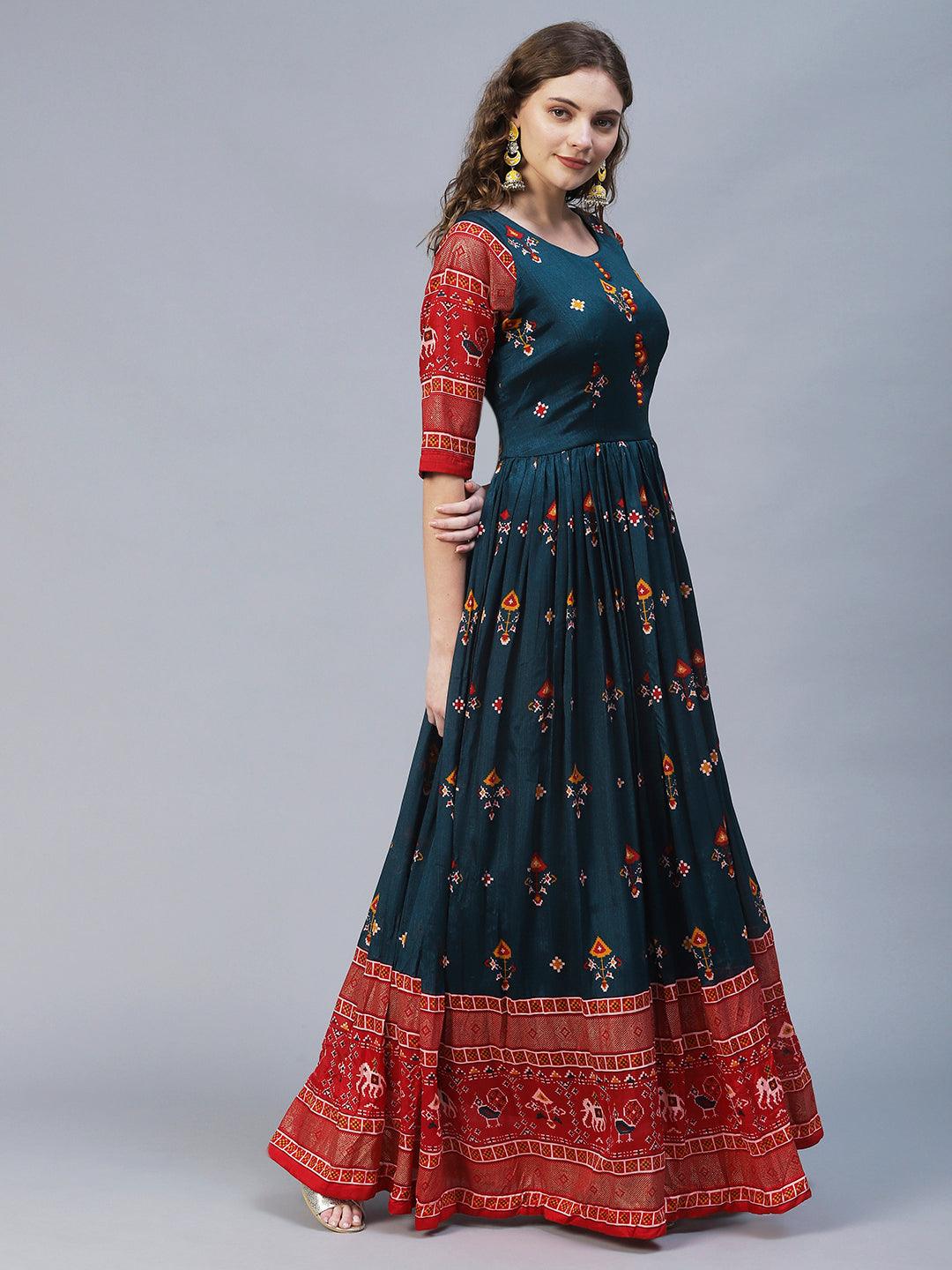 Ikat Printed Flared Maxi Dress - Teal Blue - Indiakreations