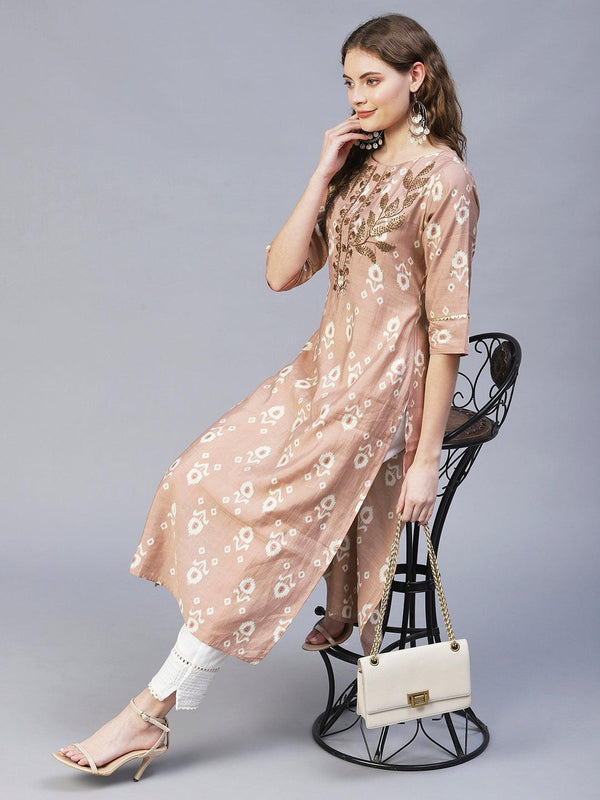 Floral Hand Embroidered Straight Fit Kurta – Rose Gold Pink - Indiakreations