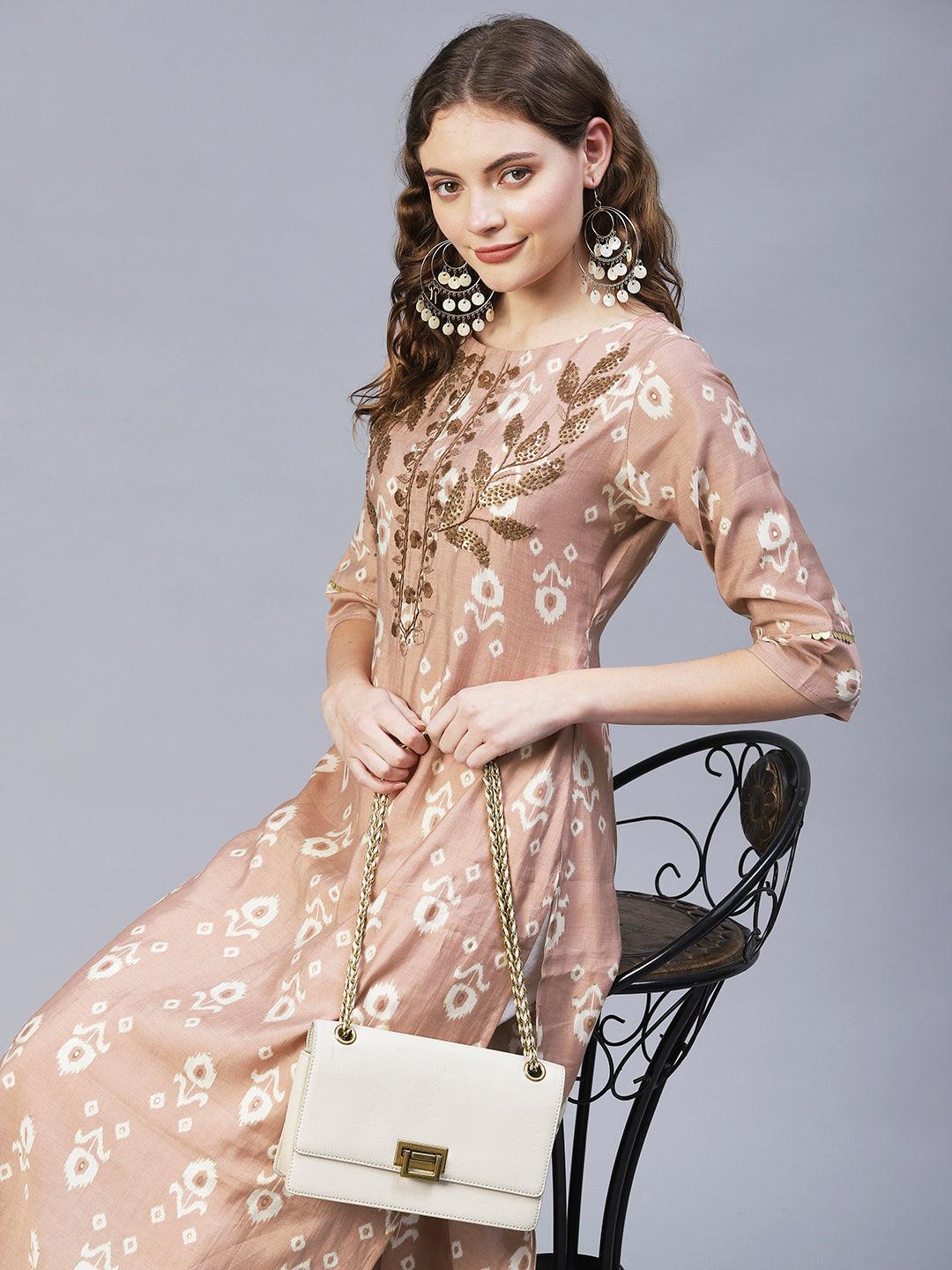 Floral Hand Embroidered Straight Fit Kurta – Rose Gold Pink - Indiakreations