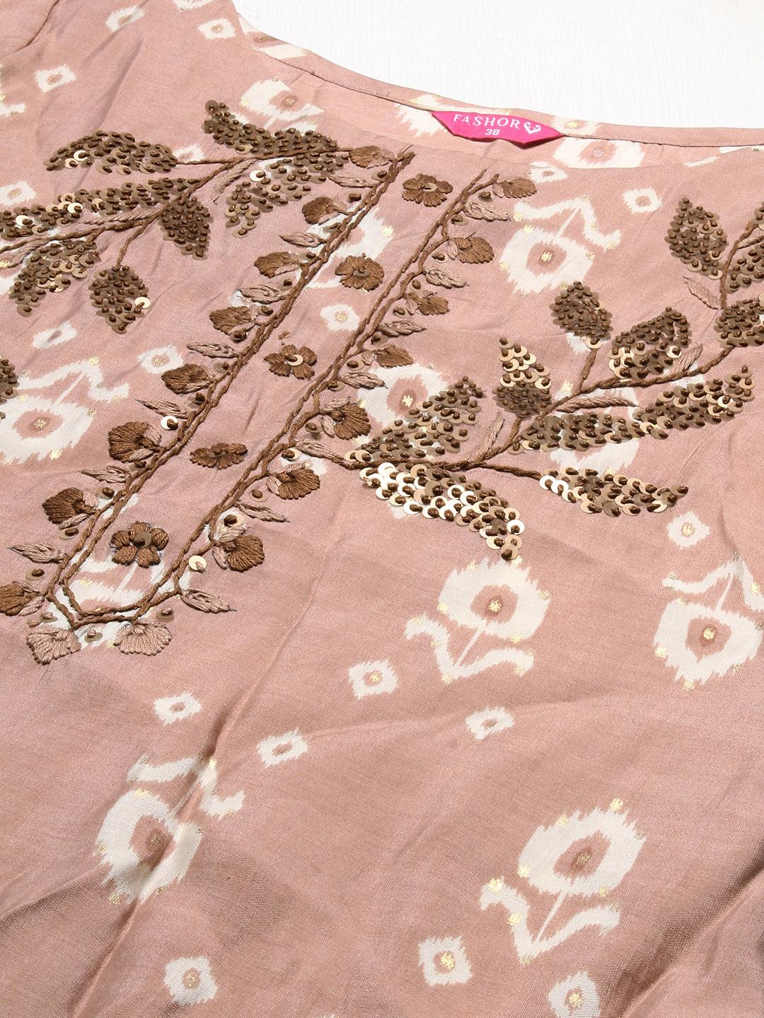 Floral Hand Embroidered Straight Fit Kurta – Rose Gold Pink - Indiakreations