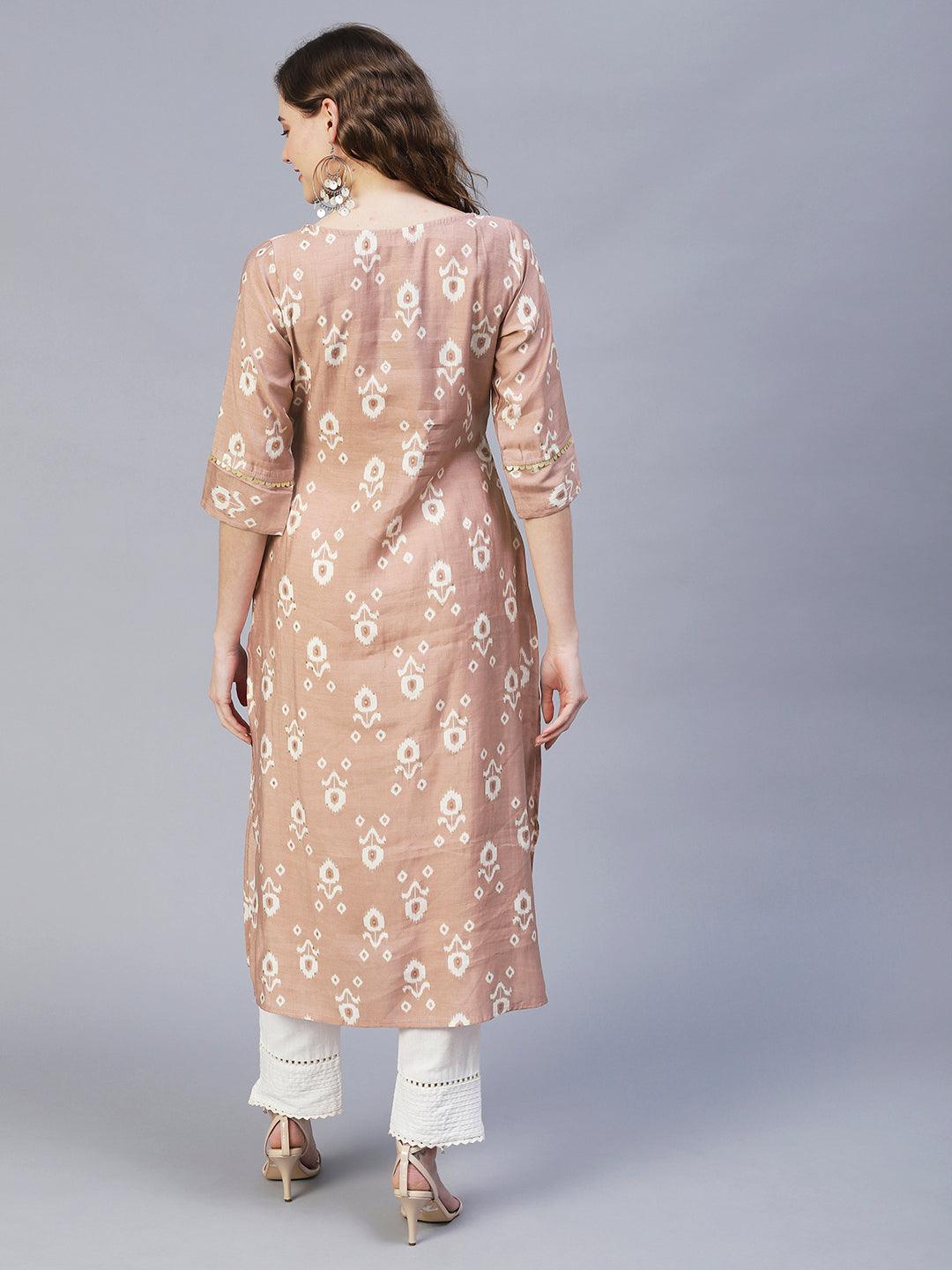 Floral Hand Embroidered Straight Fit Kurta – Rose Gold Pink - Indiakreations