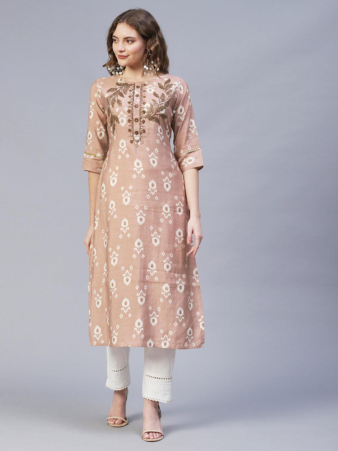 Floral Hand Embroidered Straight Fit Kurta – Rose Gold Pink - Indiakreations