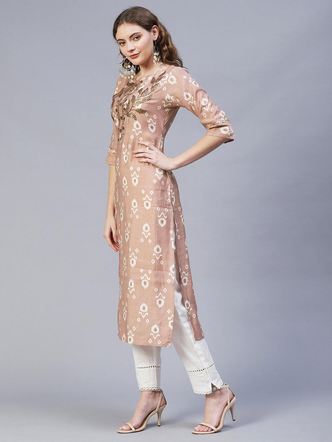 Floral Hand Embroidered Straight Fit Kurta – Rose Gold Pink - Indiakreations