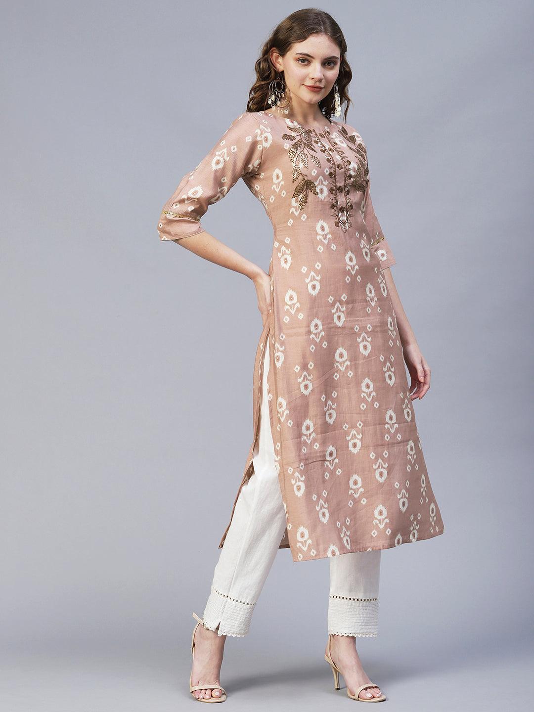 Floral Hand Embroidered Straight Fit Kurta – Rose Gold Pink - Indiakreations