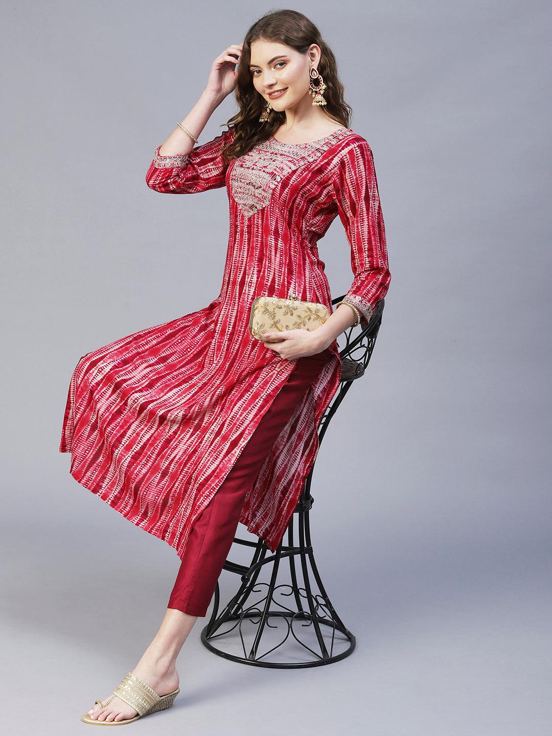 Ethnic Printed & mbroidered Straight Fit Kurta – Red - Indiakreations