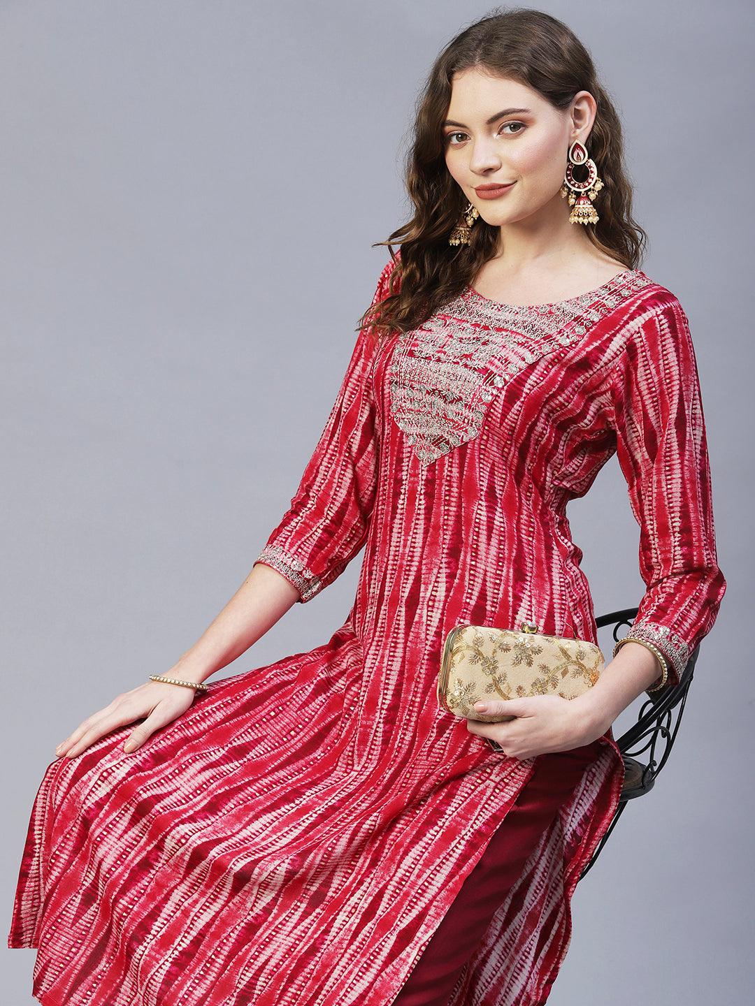 Ethnic Printed & mbroidered Straight Fit Kurta – Red - Indiakreations