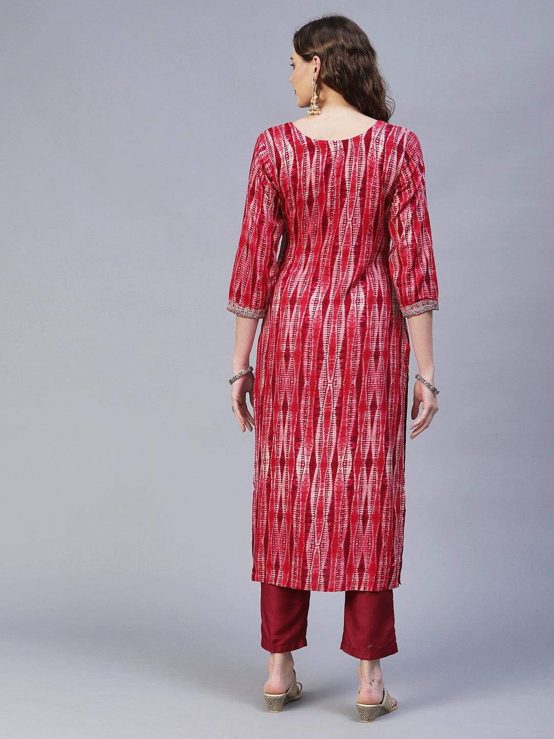 Ethnic Printed & mbroidered Straight Fit Kurta – Red - Indiakreations