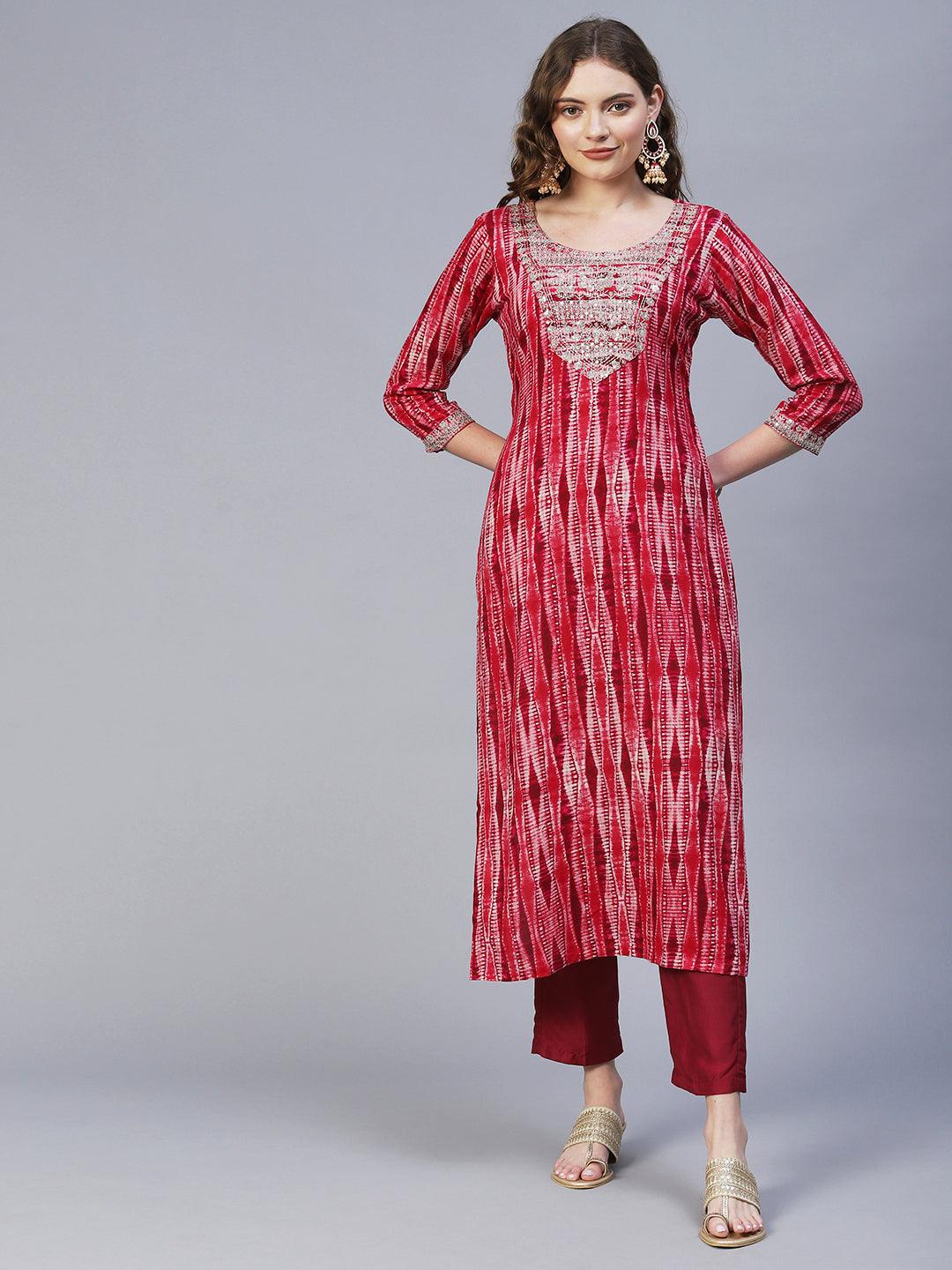 Ethnic Printed & mbroidered Straight Fit Kurta – Red - Indiakreations