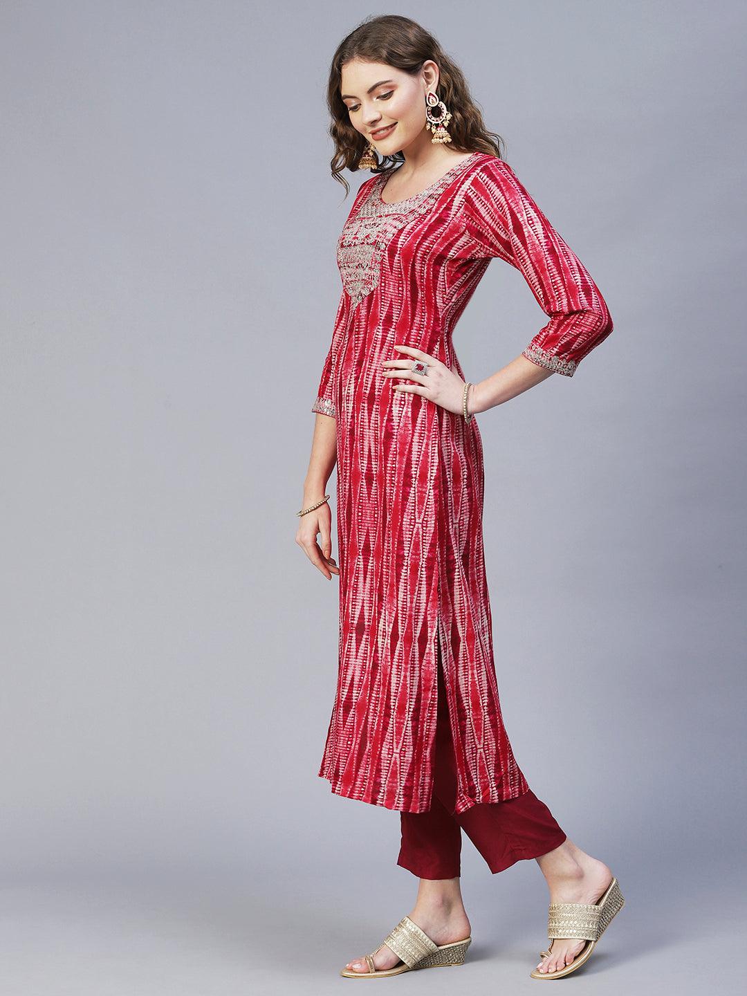 Ethnic Printed & mbroidered Straight Fit Kurta – Red - Indiakreations